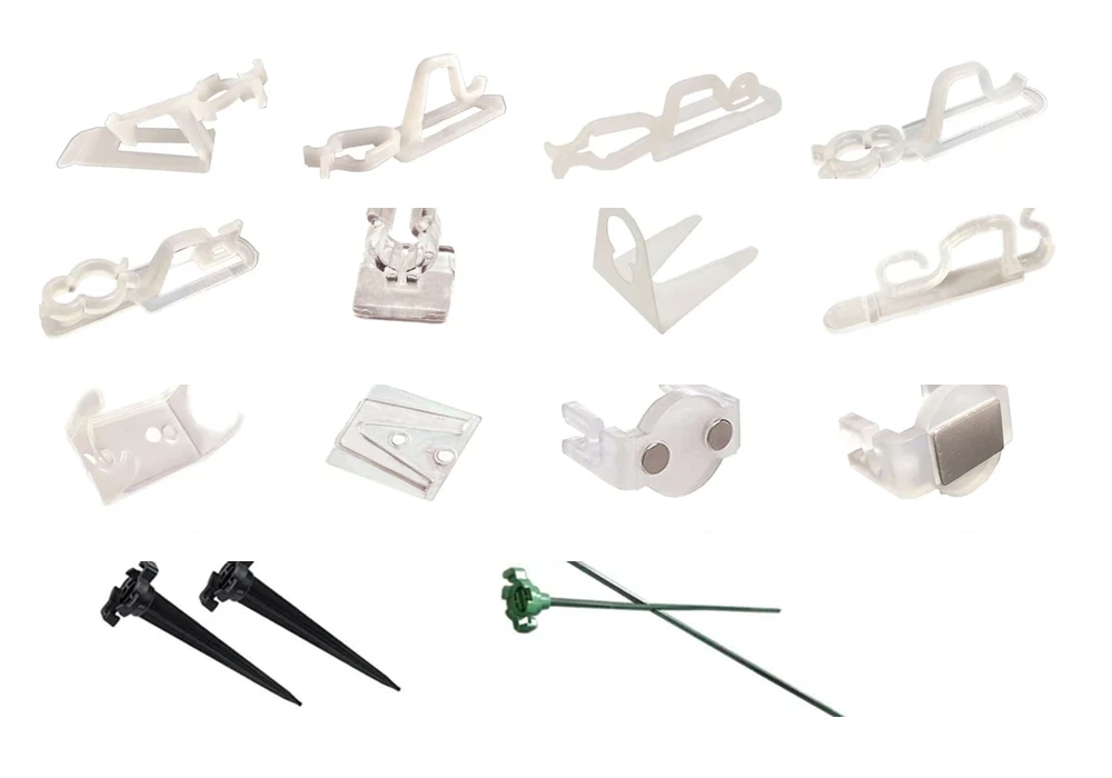 Assorted mounting clips, shingle tabs, magnetic clips, and stakes