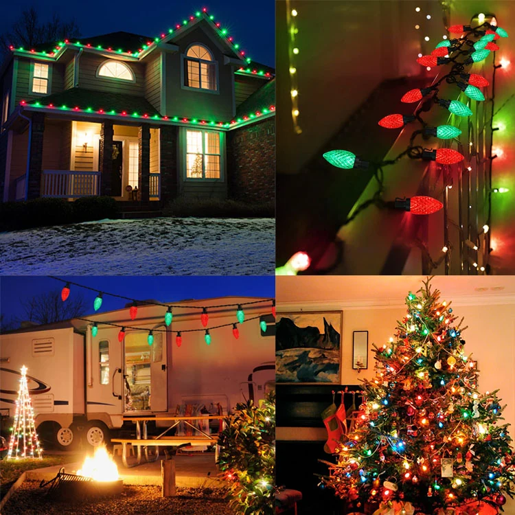 Holiday lighting applications on homes, rooflines, trees, and RV displays