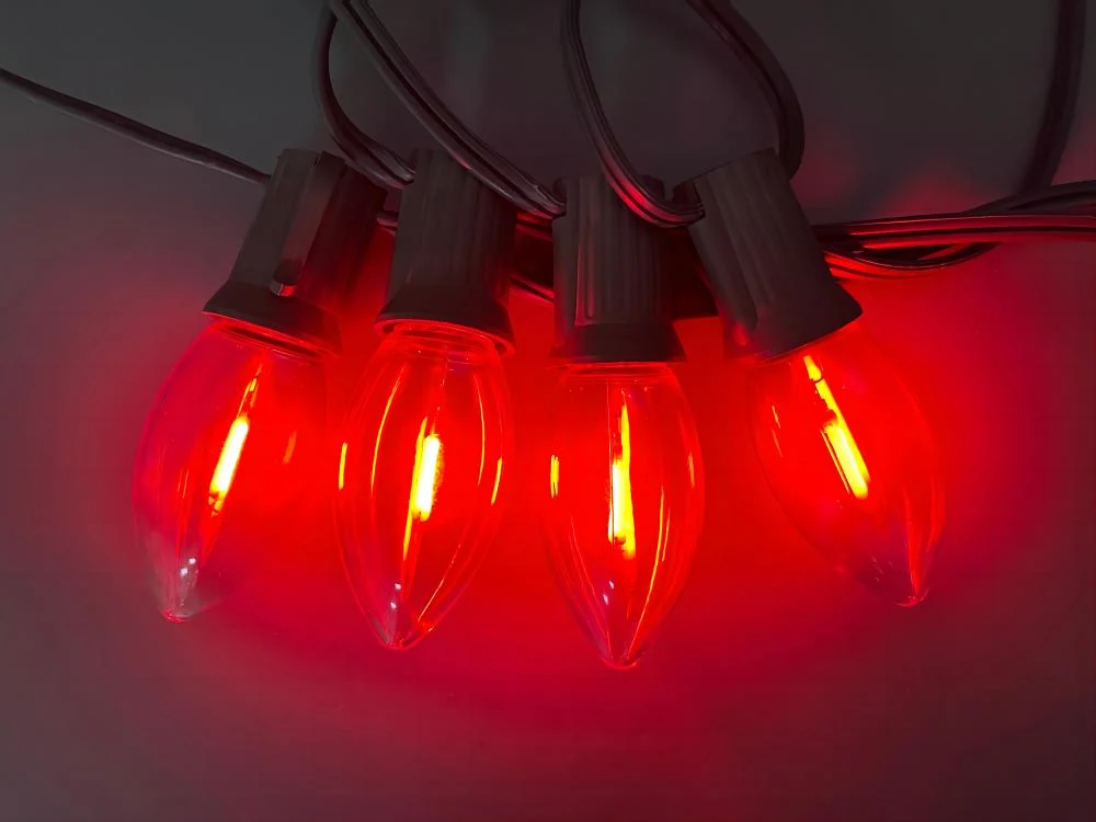 C9 red bulbs lit in a real test setup